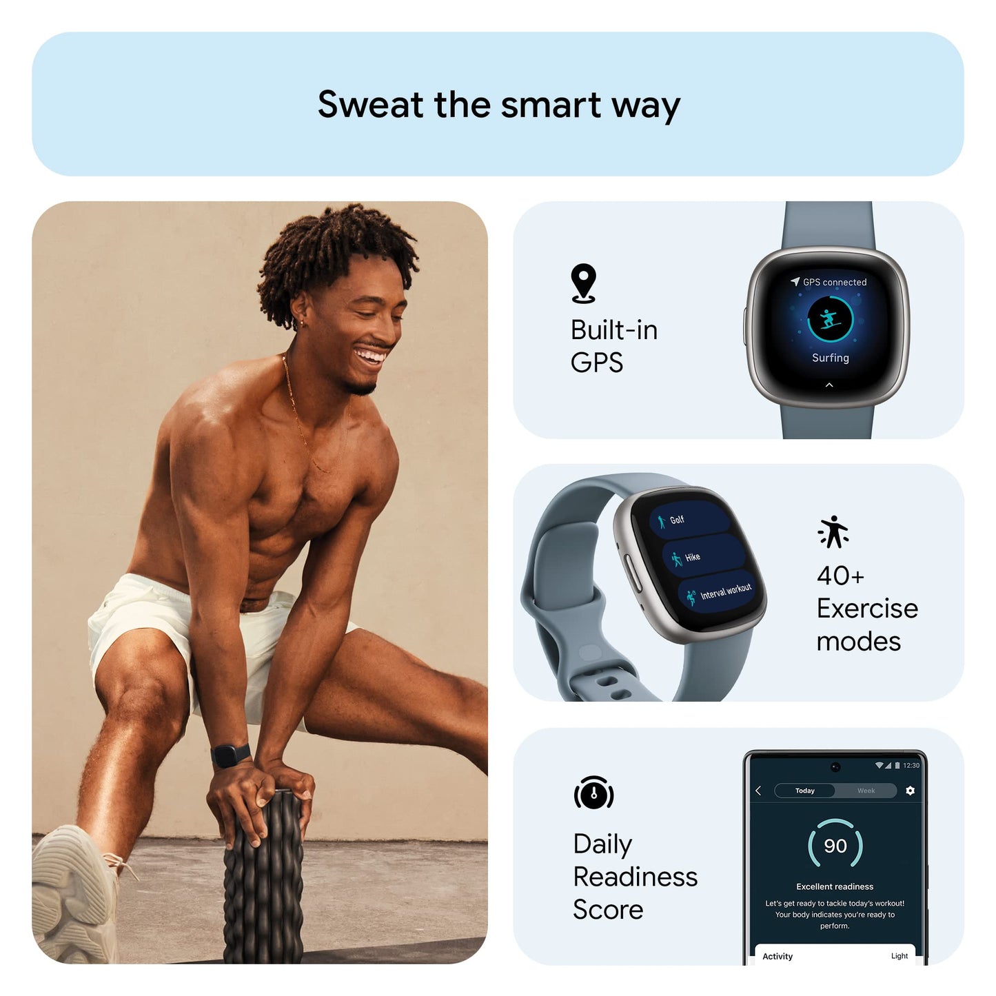 Fitbit Versa 4 Fitness Smartwatch with Daily Readiness - 3-Month Google Health Premium Membership Included - GPS, 24/7 Heart Rate, 40+ Exercise Modes, Sleep Tracking - Waterfall Blue/Platinum,
