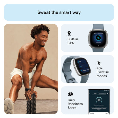 Fitbit Versa 4 Fitness Smartwatch with Daily Readiness - 3-Month Google Health Premium Membership Included - GPS, 24/7 Heart Rate, 40+ Exercise Modes, Sleep Tracking - Waterfall Blue/Platinum,