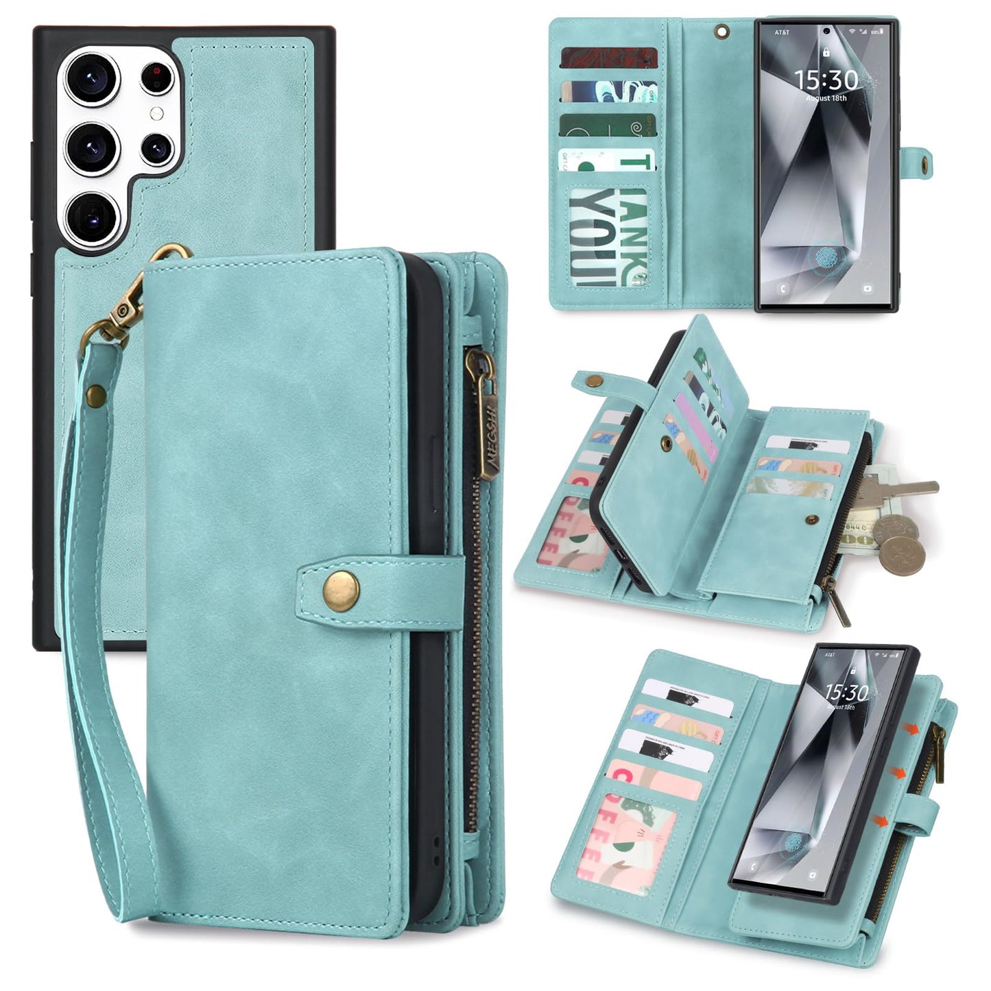 TwoHead for Samsung Galaxy S24 Ultra Wallet Case with Card Holder, Detachable Magnetic Phone Case for S24 Ultra,PU Leather All-Round Protective Phone Case Wallet with Wrist Strap,Blue