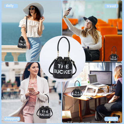 JQAliMOVV Mini Leather Bucket Bags for Women Drawstring Bucket Purse Crossbody Handbags Hobo Bag (Black)