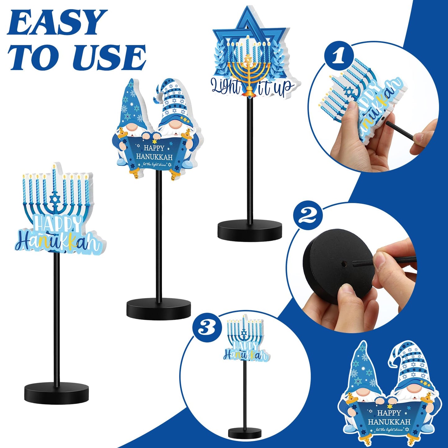 Shellwei 6 Pcs Hanukkah Table Decorations Decor Happy Hanukkah Wood Table Sign Chanukkah Party Decor for Home Indoor Centerpiece Menorah Dreidel Star of David (Fresh Style)