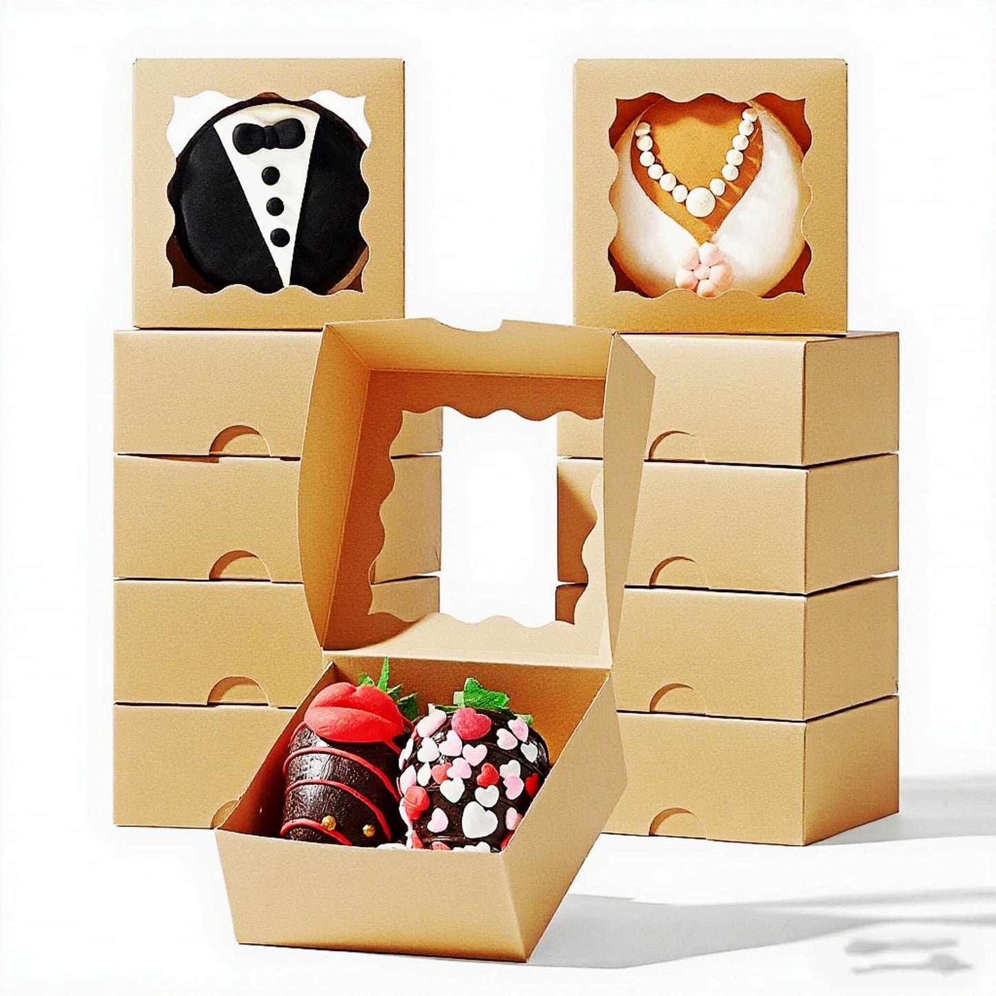 RomanticBaking 3 ¼" x 3 ¼" x 1 ½" 50PCS Chocolate Truffle Boxes for 4,Mini Bakery Boxes with Window for Brownie,Cookies, Soap, Donut,Macaron