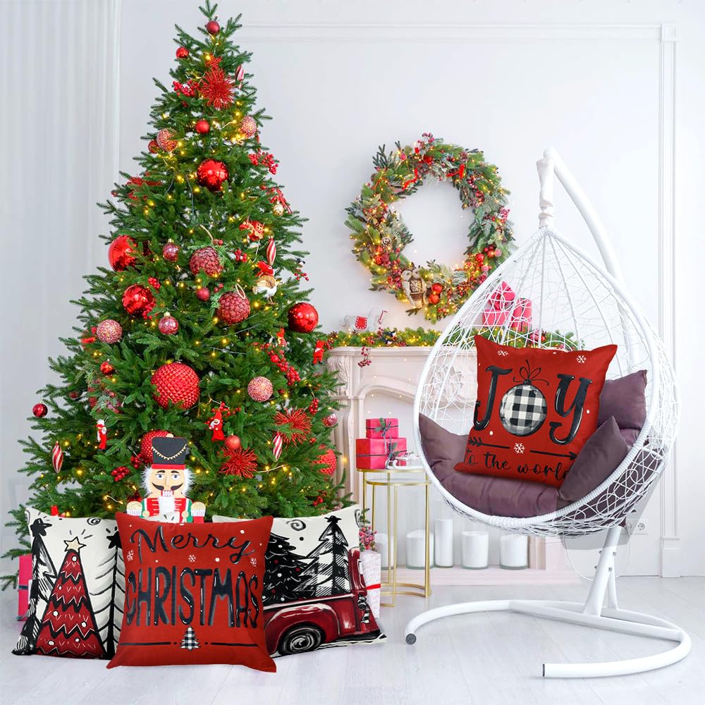 DIYDEC 4pcs Christmas Pillow Covers 20x20 Inch Red Pillow Covers Xmas Decorations Buffalo Tree Truck Merry Christmas Pillows Winter Holiday Farmhouse Seasonal Throw Case Decor for Sofa Couch