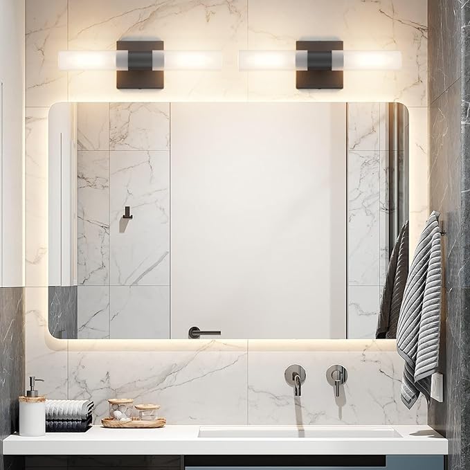 Black Wall Sconces Set of Two,15.7in Dimmable Hardwired LED Sconce Lighting Modern Indoor Vanity Sconce with Frosted Glass Shade for Bathroom Hallway(Bulbs Included)