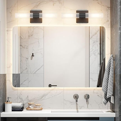 Black Wall Sconces Set of Two,15.7in Dimmable Hardwired LED Sconce Lighting Modern Indoor Vanity Sconce with Frosted Glass Shade for Bathroom Hallway(Bulbs Included)