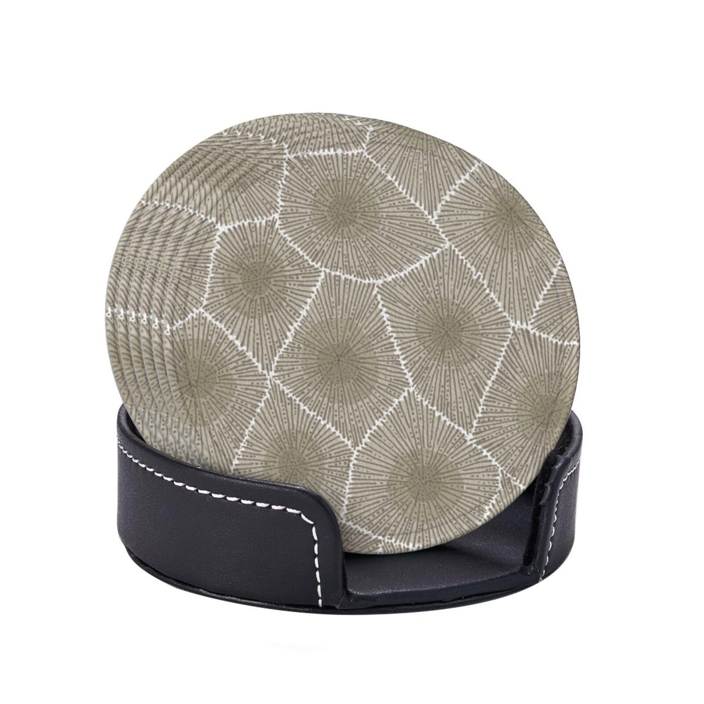 Keeawou Petoskey Stone Leather Drinks Coasters with Holder, Set of 6, Suitable for Various Cups