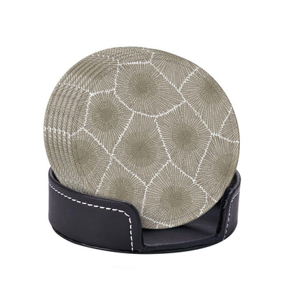 Keeawou Petoskey Stone Leather Drinks Coasters with Holder, Set of 6, Suitable for Various Cups