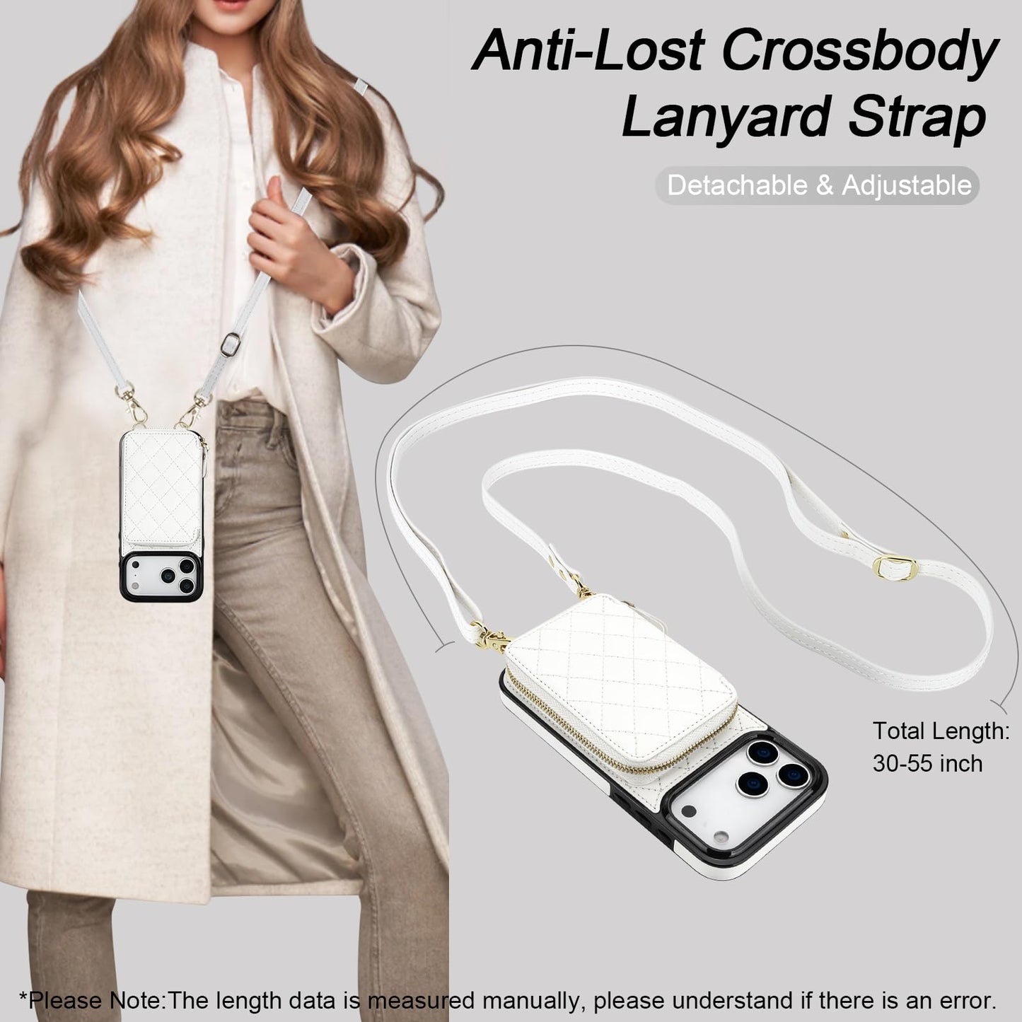 Bocasal Crossbody Wallet Case for iPhone 17 Pro Max, RFID Blocking PU Leather Zipper Handbag Purse Flip Cover, Kickstand Folio Case with Card Slots Holder Wrist Strap Lanyard 5G 6.9 Inch (White)