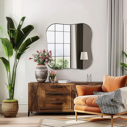 ANDY STAR 30x30 Inch Brushed Nickel Bathroom Mirror,Square Scallope Mirror with Unique Notched Edges Design in 1 Inch Stainless Steel Metal Frame Wall Mounted Mirror for Home Bathroom