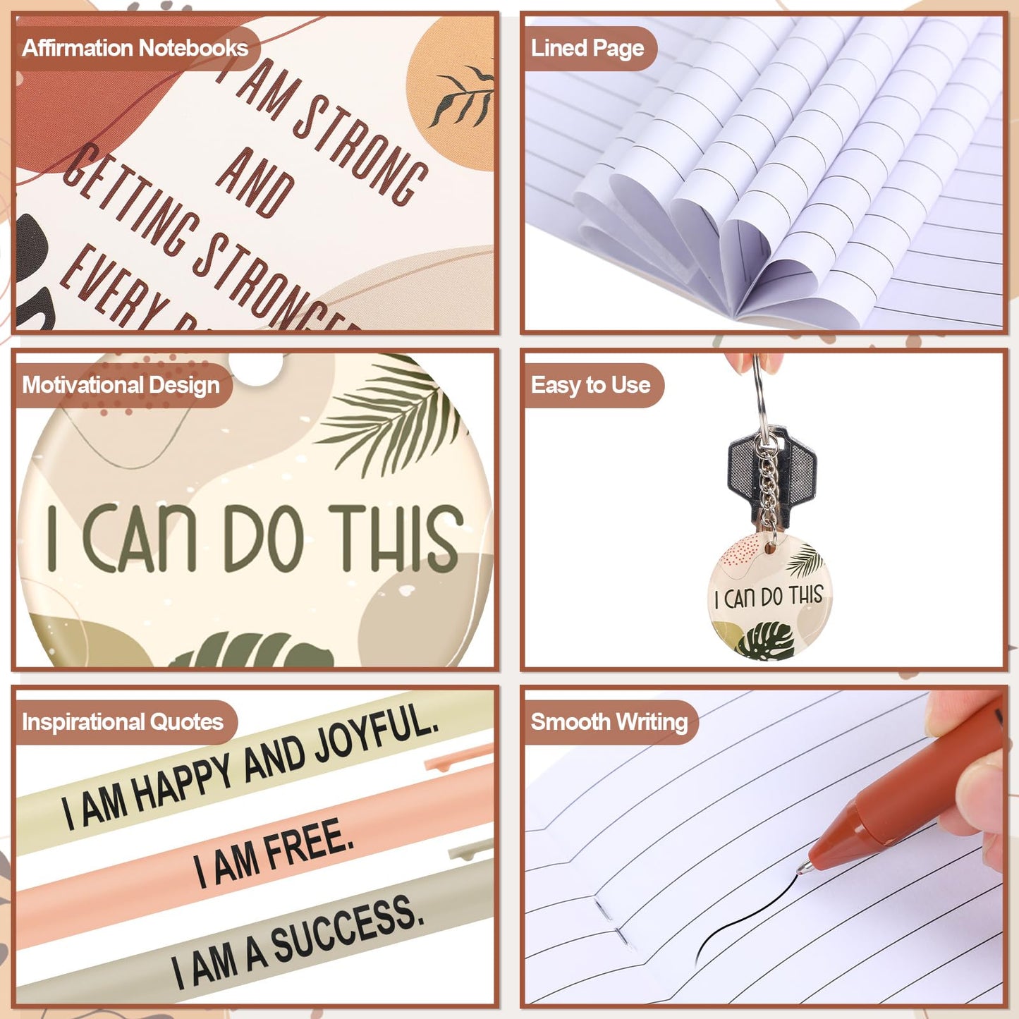 Mooliwe 36 Pcs/12 Set Positive Affirmation Gift Set Gratitude Notebooks with Pens Acrylic Keychains Small Bags Motivational Notepads for Women Coworkers Christmas Adults Party Favors (Boho)