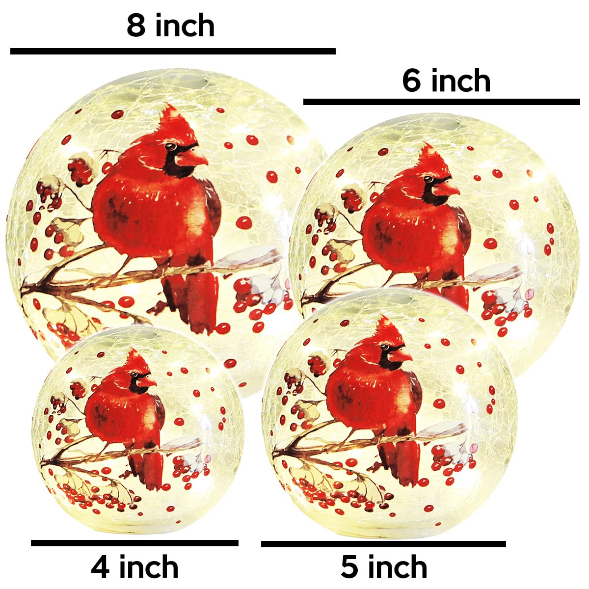 Crackle Glass Ball Cardinal Light Up Red Bird Stained Glass Christmas Decor Accent Globe Night Light, Mother's Day Gifts, Led Sphere Desk Table Lamp