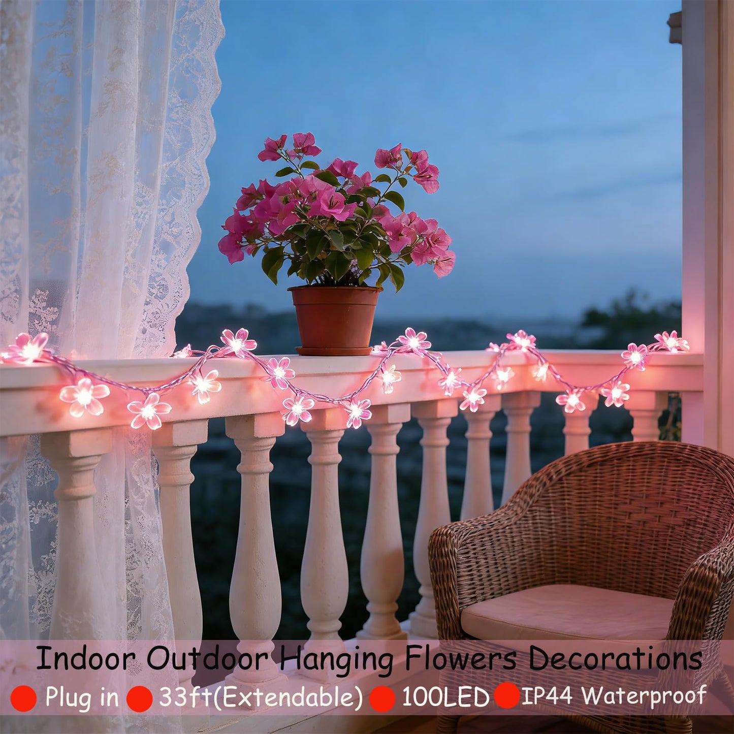 33ft 100 LED Connectable Fairy Pink Flower String Lights 8 Modes for Valentine's Day Wedding Party Christms Decor, Light Up Romantic Bedroom Window Tree Home Indoor Outdoor Hanging Decorations