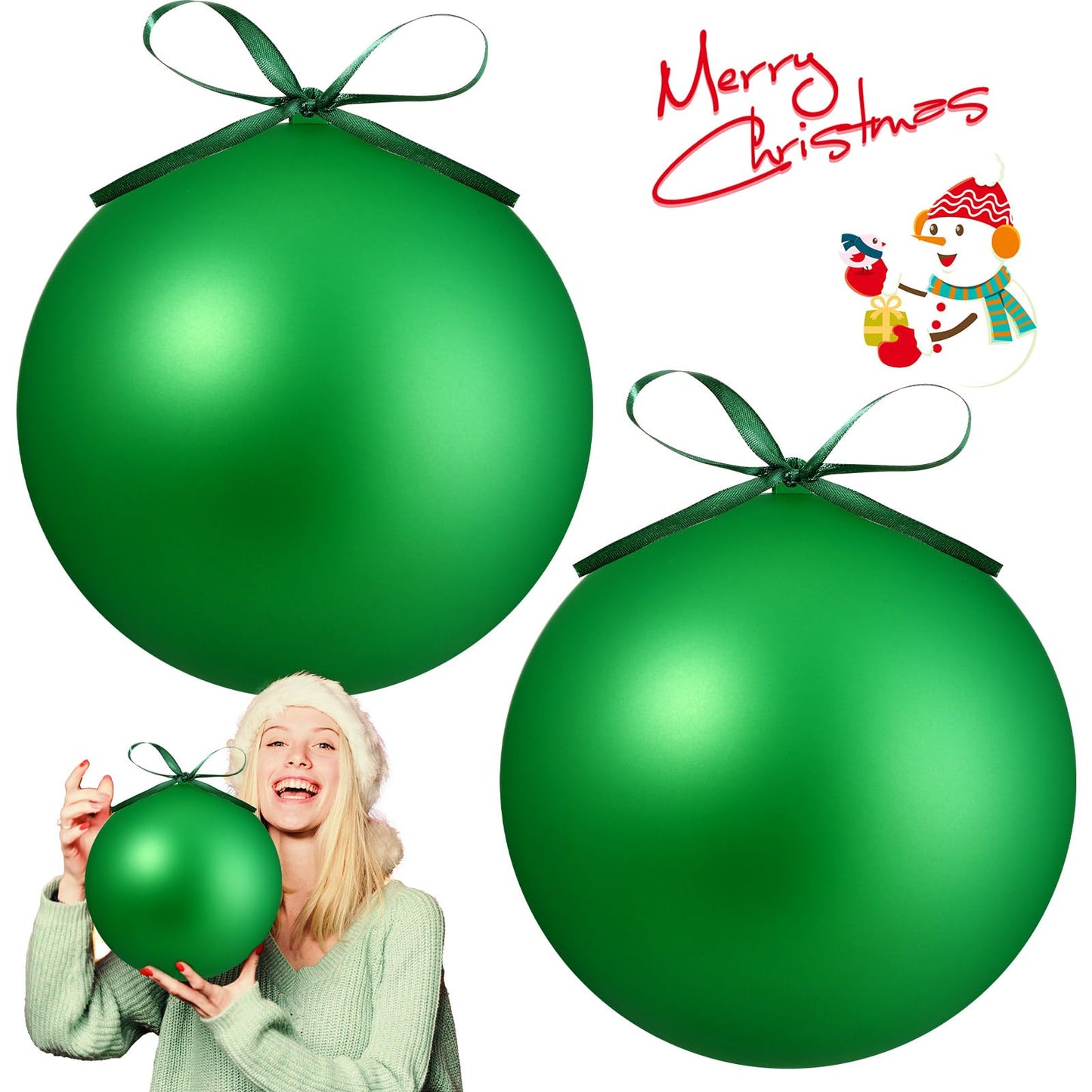 Zubebe 2 Pcs 8" Giant Fillable Christmas Ornaments with Ribbons Oversized Plastic Xmas Balls for Outdoor Lawn Yard Decor, Tree Hanging, Holiday Gifts(Matte Green)