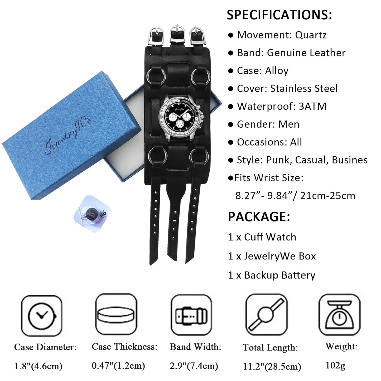 JewelryWe Black Hip-hop Gothic Punk Style Men Watch Wide Leather Fashion Cuff Wristwatch for Halloween