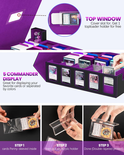 Trading Card Storage Box, 5 Row Card Deck Case with Commander Display & Portable Handle, 4200+ Card Deck Boxes Compatible for MTG TCG Magic Cards, 30 Divider, 8 Supporters, 1 Dice Tray(Black & Purple)