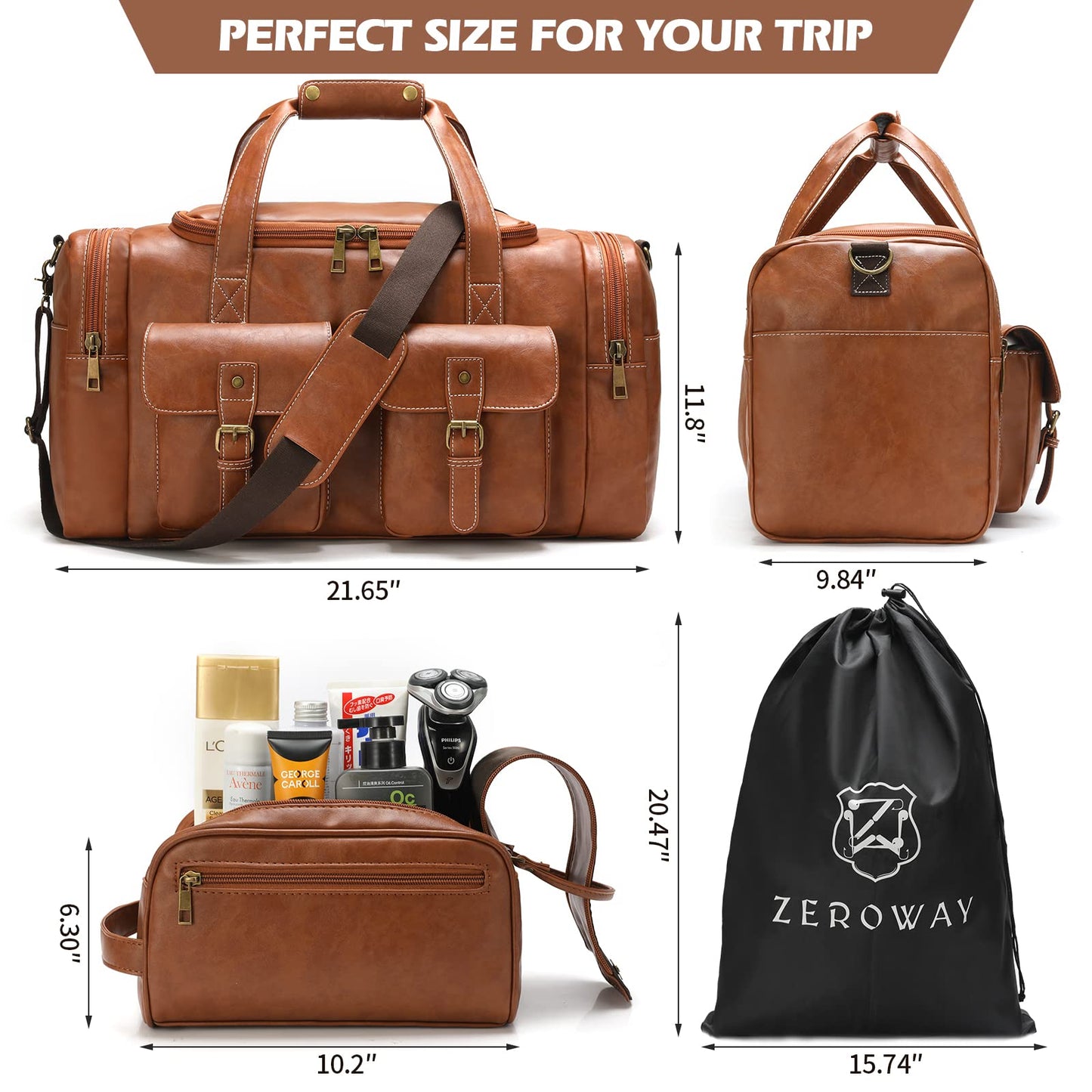 Zeroway PU Leather Travel Duffel Bag with Toiletry Dopp Kit and Laundry Bag, Weekender Overnight bag Luggage Carry-On Bag with Shoe Pouch for Men or Women Brown