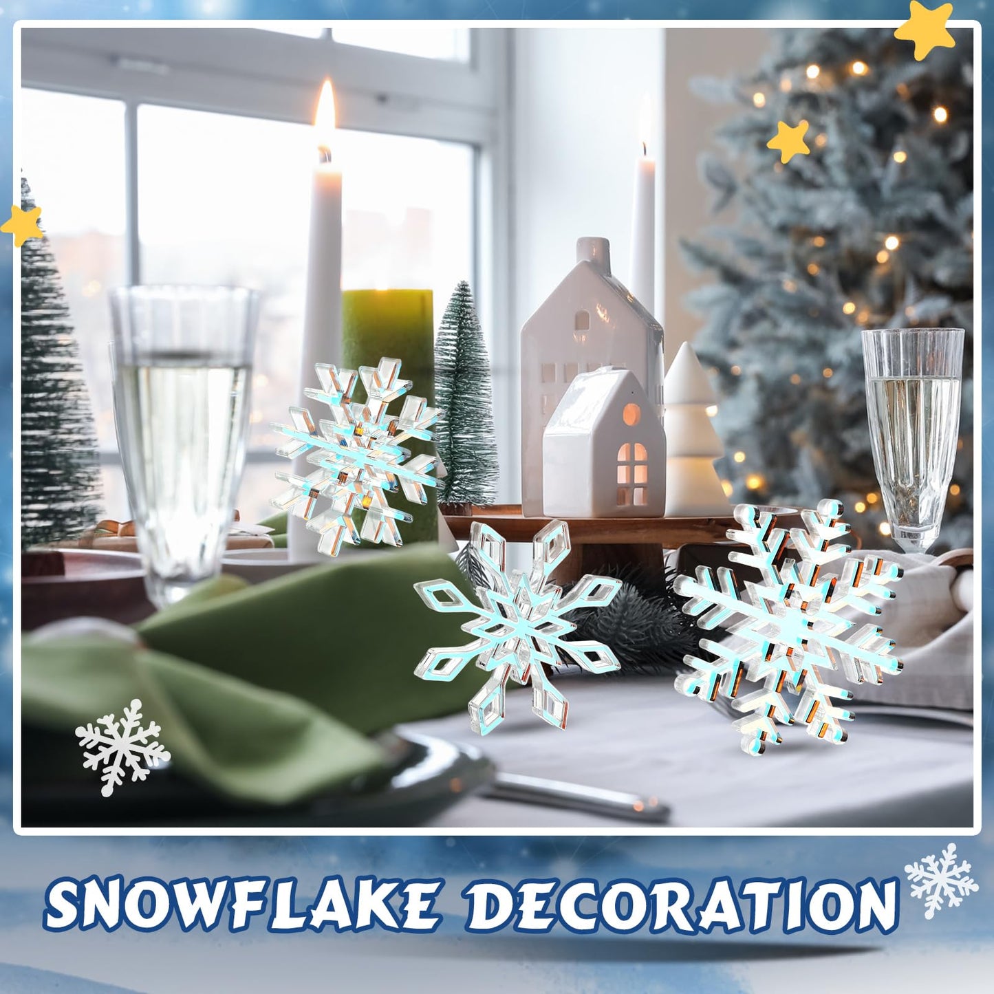 Fiwochic 3 Pcs Winter Iridescent Acrylic Snowflake Decorations 3D Acrylic Snowflake Table Signs Winter Centerpieces for Table Holiday Wedding New Year Party
