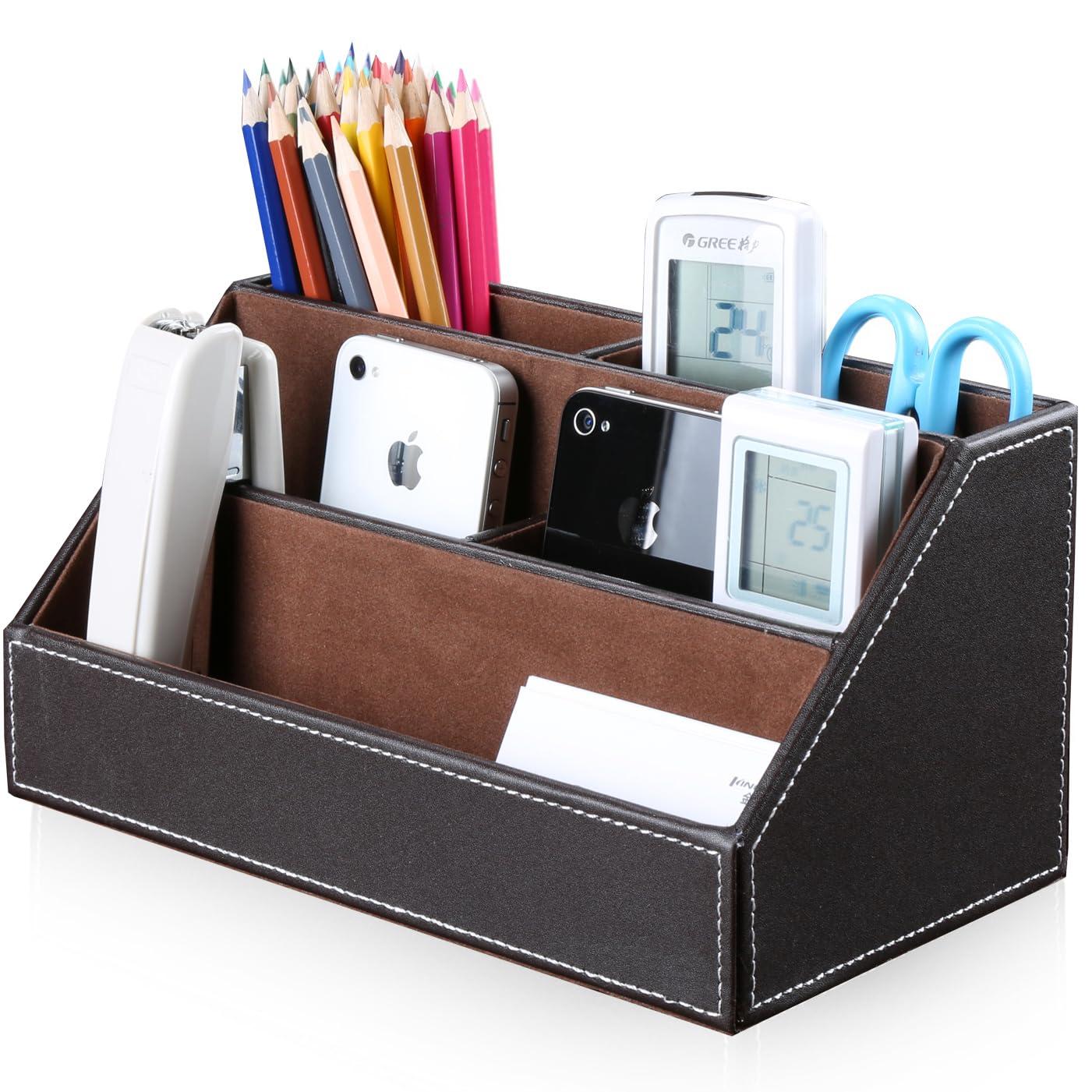 KINGFOM Pu Leather Desk Organizer with 5 Compartments Holder, Multi-Functional Office Supplies Storage Caddy for Pen/Pencil, Phones, Remote Controller and Desktop Accessorie Brown