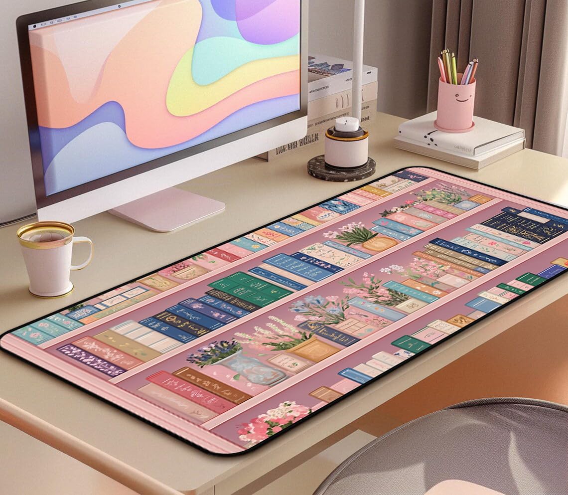 Cute Bookshelf Deskmat, Pink Desk Pad Mousepad XXL, Game Pad, Large Office Desk Keyboard Mat, Anti Slip Rubber Base and Sewn Edge Mouse Mat, Beautiful Reading Space Desktop Decor 31.5"X15.7"