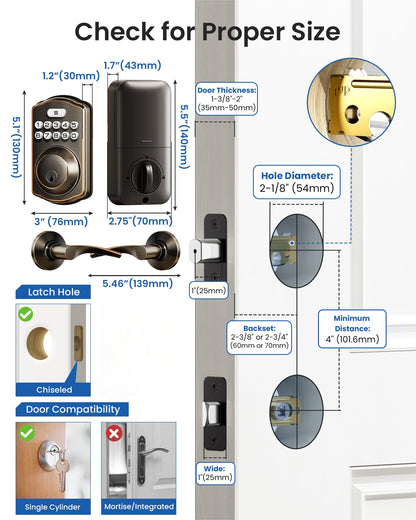 Veise Keyless Entry Door Lock with 2 Lever Handles - Electronic Keypad Deadbolt, Easy Installation Digital Smart Front Door Lock Set, Oil Rubbed Bronze