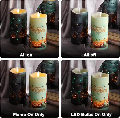 Eywamage Fiber Optic Halloween Flameless Candles, Spooky Pumpkin LED Pillar Candles with Remote, Battery Operated, Set of 2