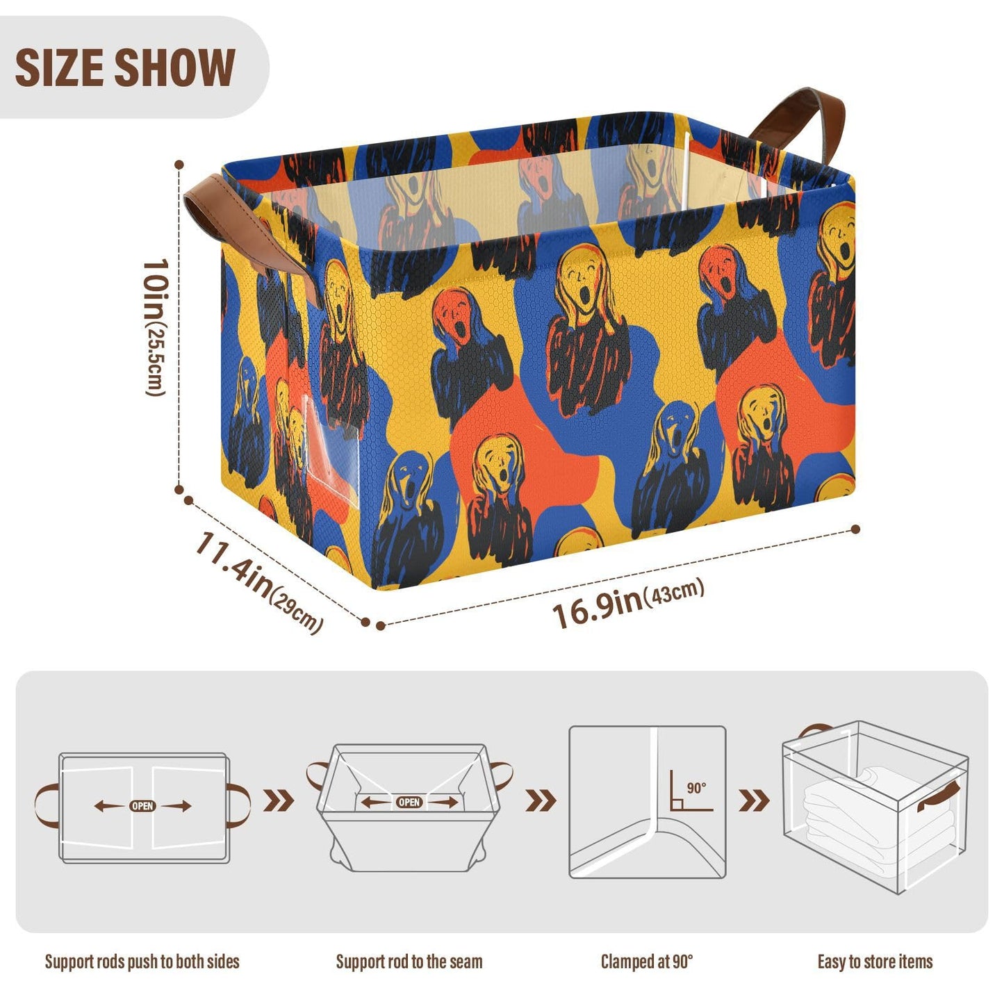 Oil Painting Art The Scream Storage Basket Foldable Cube Storage Bins with Handles&Label Waterproof Collapsible Organizer Box Bin Large Rectangle Decorative Baskets for Shelves Home Room Laundry