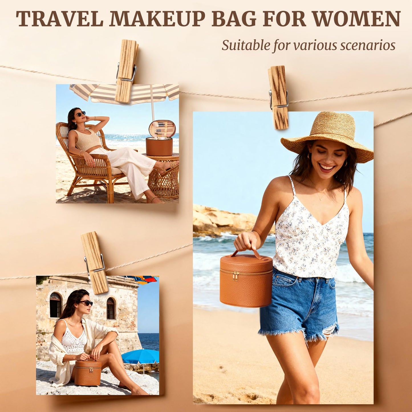 MaqSacion Makeup Bag Vanity Case for Women Leather Cosmetic Bag Makeup Organizer Case Portable Travel Toiletry Bag With Removable Compartments and Handle - Brown