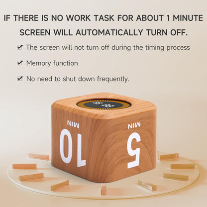 Exlliy Rotating Productivity Timer 5, 25, 10, 50 Minutes Preset, Desk Cube w/Gravity Sensor for ADHD, Mute Functions, Ideal for Work, Study, Kitchen, Back to School (1, Wood Grain Finish)