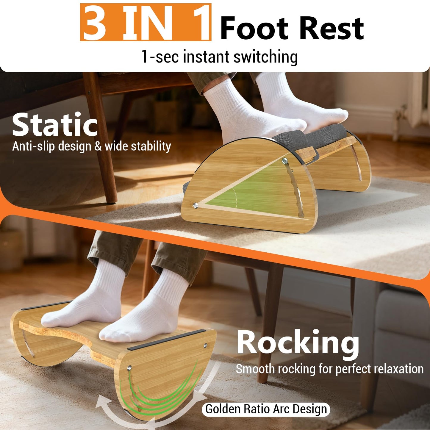 Bamboo Foot Rest for Under Desk at Work - 3-in-1 Reversible Rocking Under Desk Footrest with Foam Cushion and 6 Adjustable Heights, Ergonomic Foot Rest with Washable Cover for Home, Office and Gaming