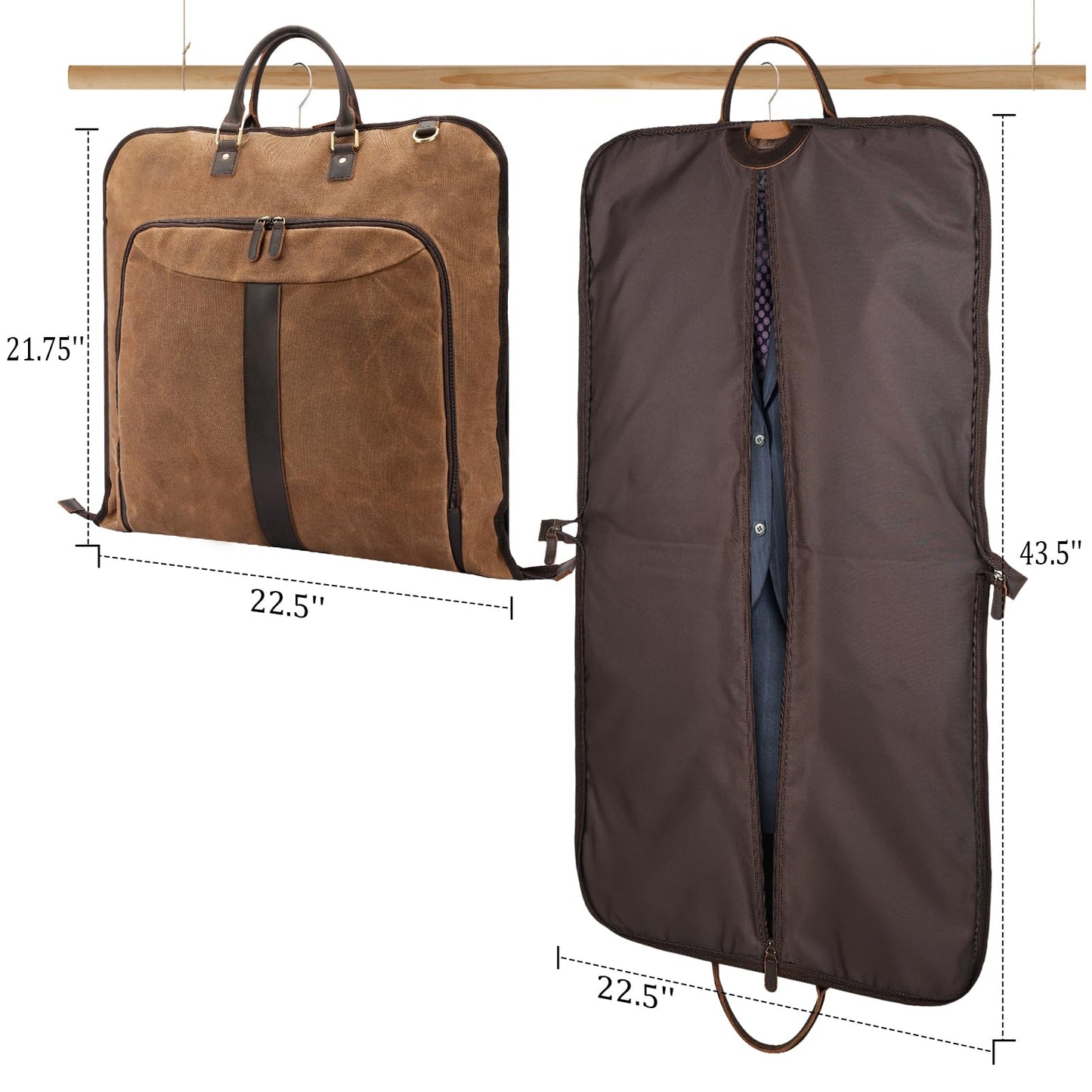 Polare Waxed Canvas Full Grain Leather Trim Garment Carry On Bag for Travel, Foldable Hanging Suitcase Weekender Dust-Proof Garment Waterproof Cover with YKK Zipper and Adjustable Strap