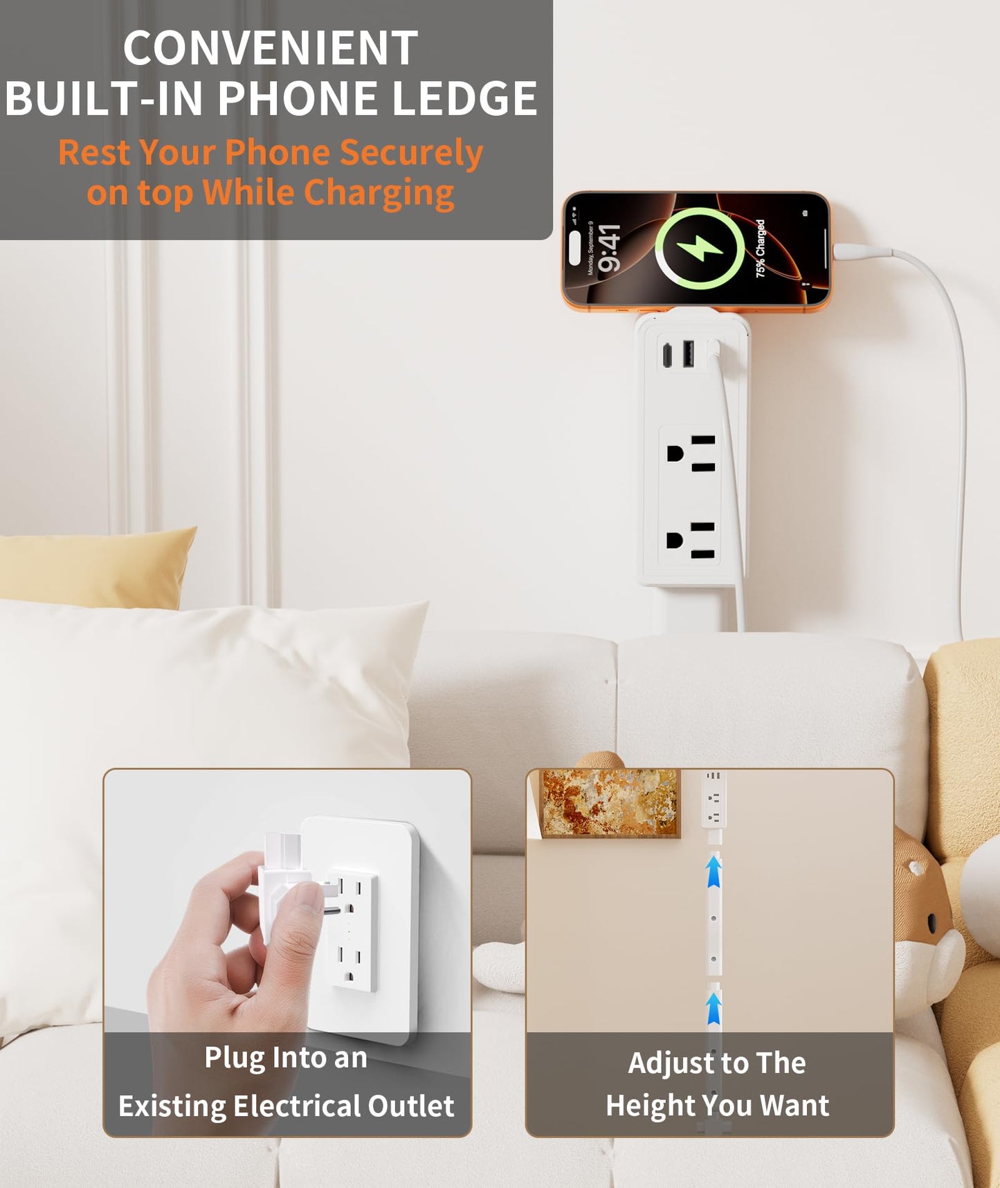 Electrical Outlet Extender Stick Features 2 USB-A, USB-C and 2 AC Outlets, Extendable 6", 15.3", 24.5", 34", for Hard to Reach Spaces Use Behind Couches, Nightstands, E-Sports Desks, and More