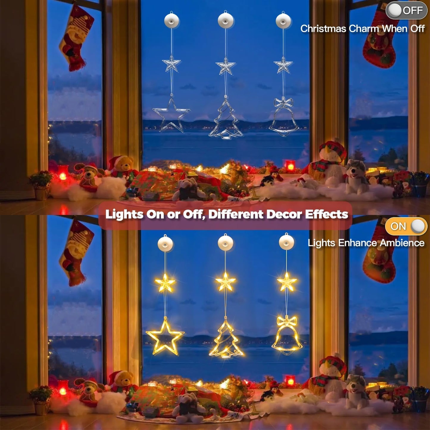 suddus Christmas Window Lights Decorations, 3Pcs Tree-Jingle Bell-Star Shaped Xmas Lights Battery Powered with Suction Cups & Timer, Hanging String Lights Indoor for Tree, Fireplace, Warm White