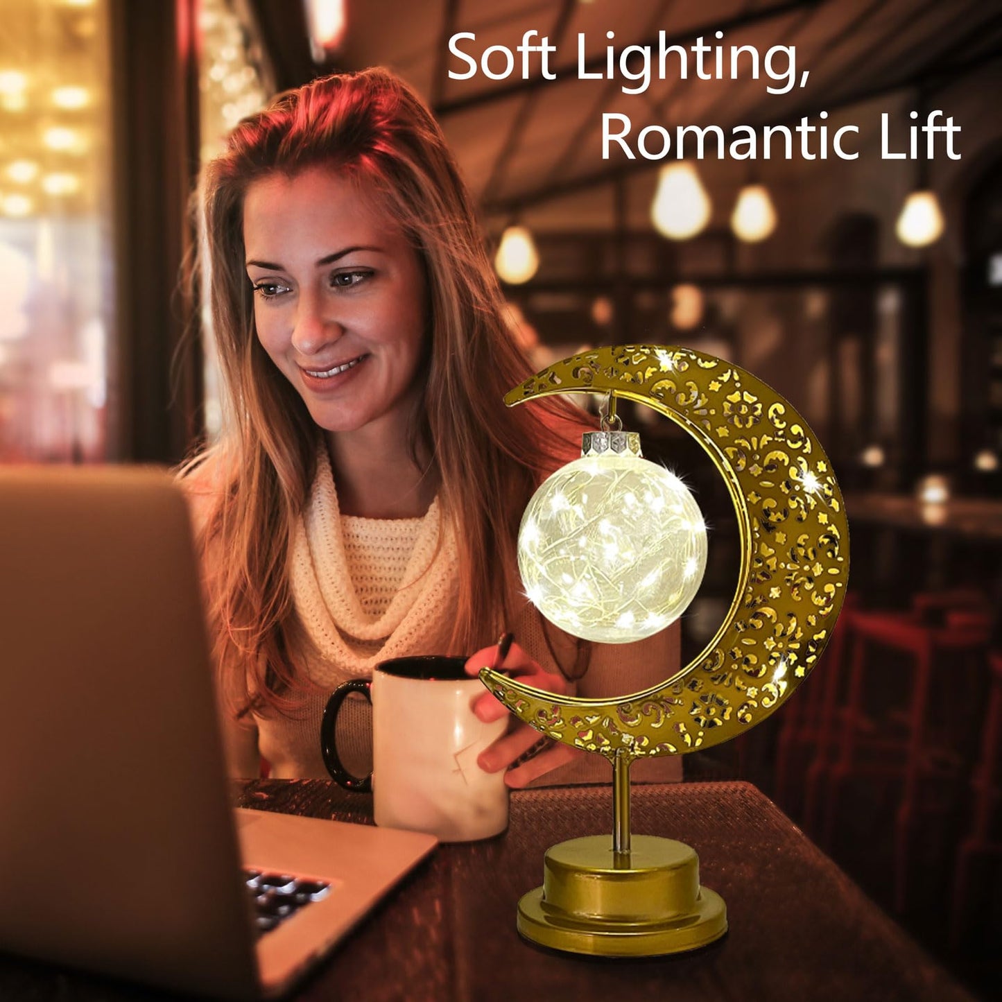 Mayamila Decorative Table Lamp, Crescent Moon Lamp Ramadan Table Decor, Battery Powered Christmas Ramadan Desk Lamp Decorations for Home, Patterned Hollow Out Warm Boho Light for Bedrooms Nightstand