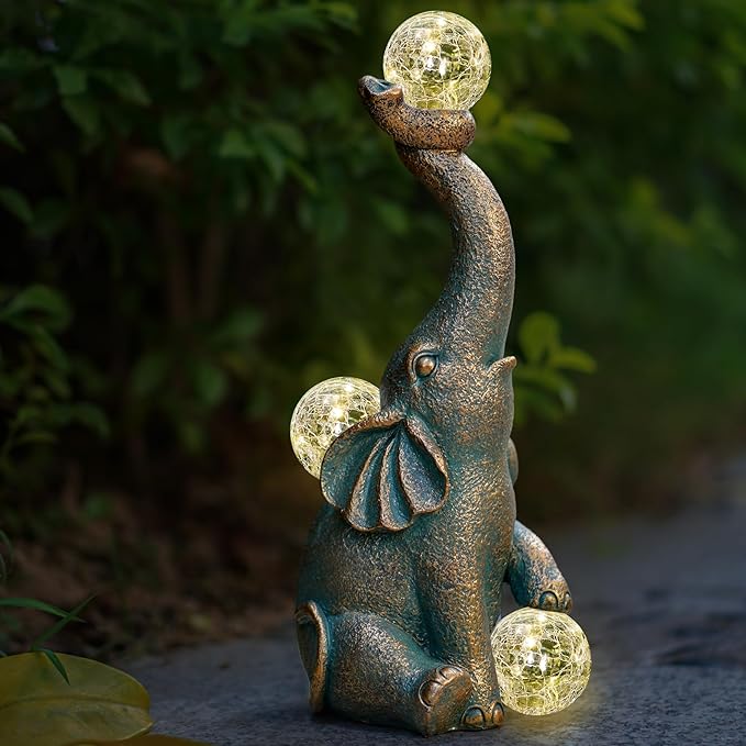 MININOVA Solar Elephant Garden Statue with Crackle Glass Ball (15 LED Lights) Resin Outdoor Decor for Patio, Yard & Lawn, Birthday, Housewarming Gifts for Grandma, Women
