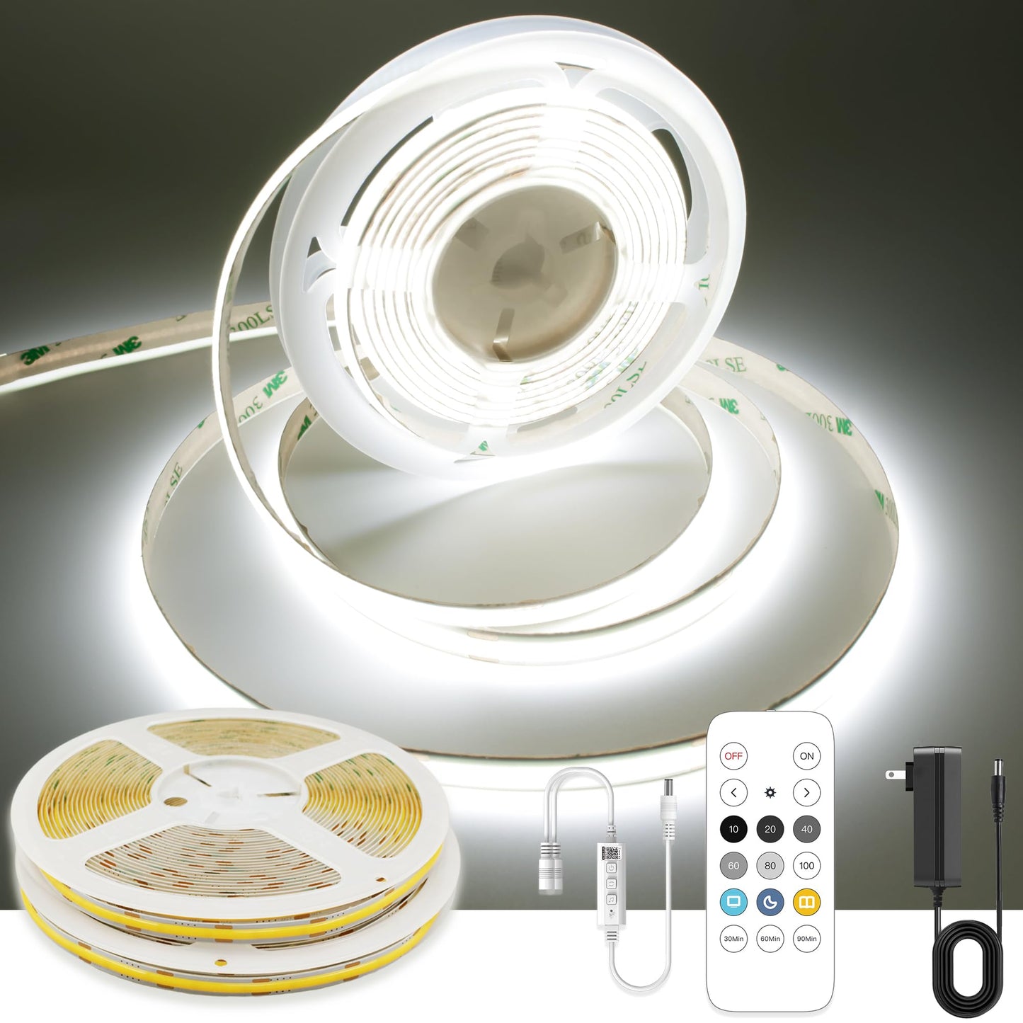 AXMOTUT 32.8ft White COB LED Strip Light, High Bright LED Strips with 320LEDs, RF Remote and UL Power Supply, 6000K Dimmable LED Lights for Bedroom, Kitchen, DIY Home Decoration, 2 Rolls of 16.4ft