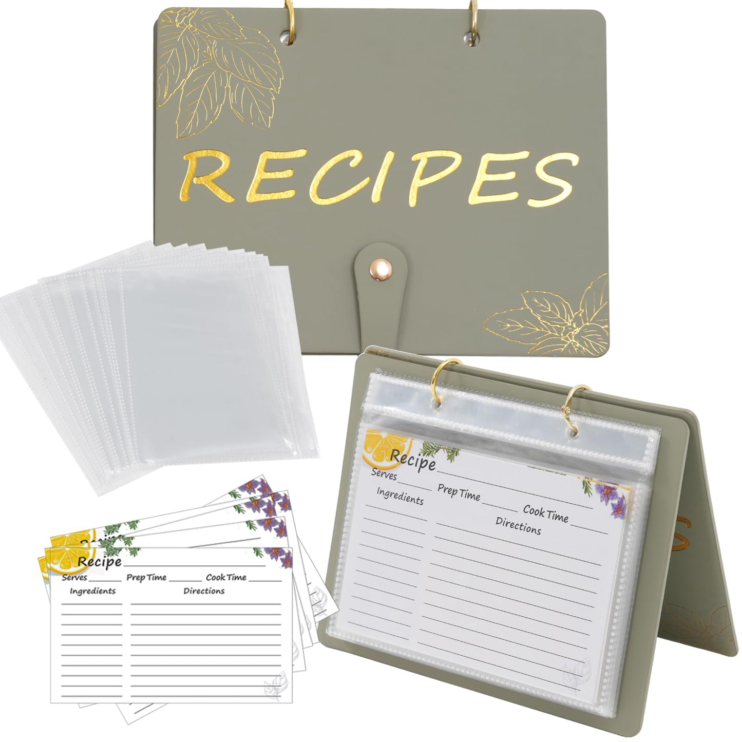 Recipe Binder with Plastic Sleeves, Stand Up Recipe Book Binder for 30 Recipe Cards 4x6, Recipe Organizer Kit Blank Cook Book for DIY Recipe Cards and 15 Clear Sheet Protectors (Sage, for 30 Cards)