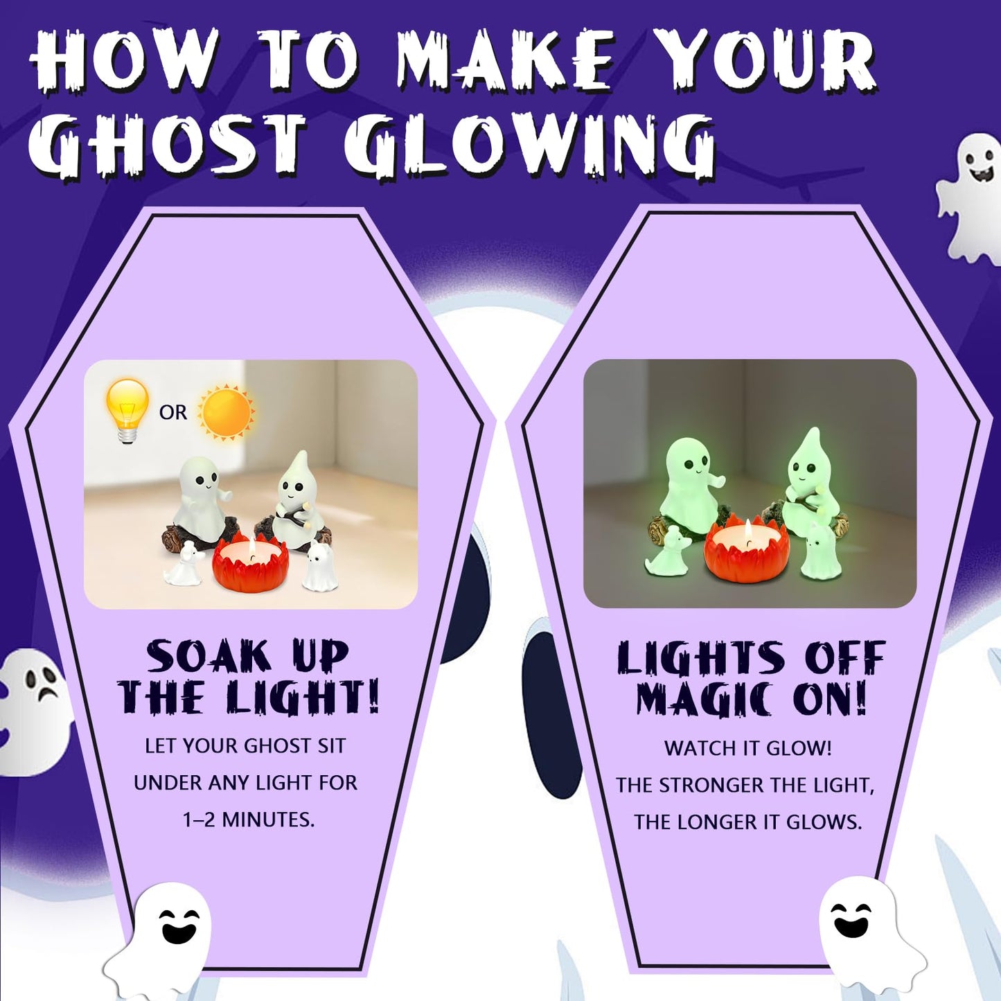 JULEASEL Glow-in-The-Dark Ghost Campfire Gathering, Cute & Cozy Halloween Ghost Figurine Set | 2 Ghosts, Ghost Dog, Ghost Cat and Tea Light Holder | Resin Ghost Statue for Home, Mantel, Shelf, Desk