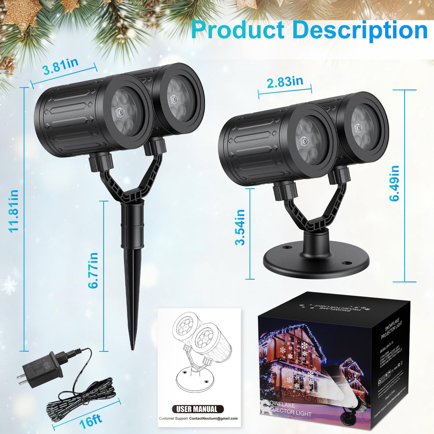 2025 MuliVid Christmas Projector Lights Outdoor, Double Head Snowfall LED Lights Waterproof, Outdoor Christmas Snowflake Projector Light for Xmas Holiday Party, Patio, Garden Decoration