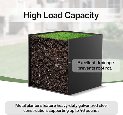 Metal Planter Box, 20" x 20"x 20", Heavy-Duty Galvanized Steel Outdoor Planter with Drainage Holes, Rectangular Planter for porches, Gardens, patios, and courtyards，Black