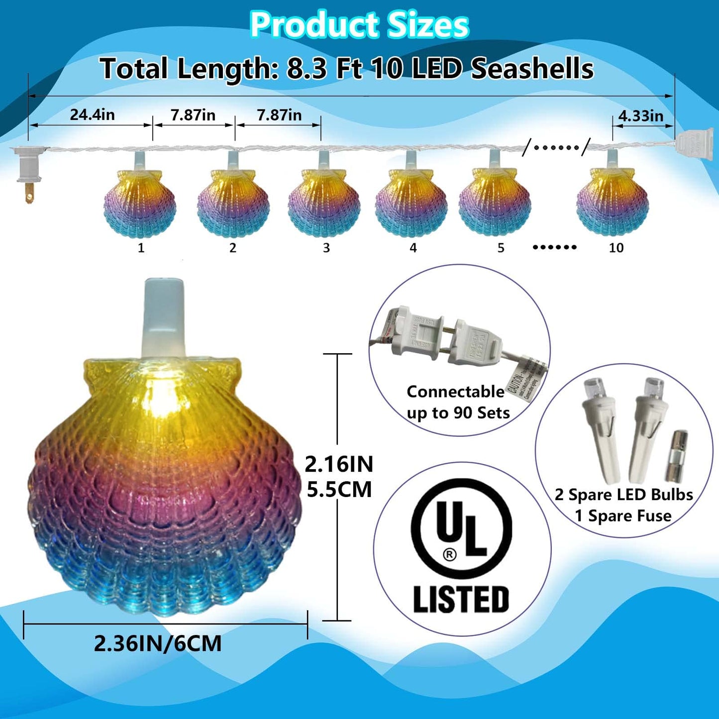 Beach Seashell String Lights - 8.3FT Ocean Themed Decorative 10 LED Seashells, Plug-in Warm White Fairy Lights for Patio, Garden, Wedding, Bedroom, Hawaii, Party, Tropical Beach Themed Decor