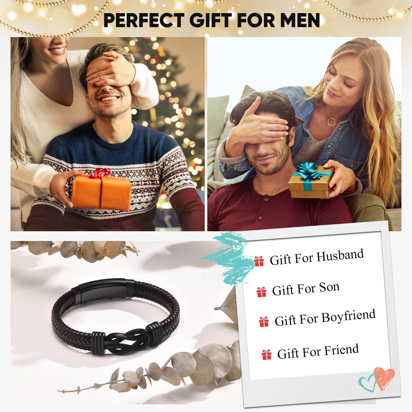 VNOX Love Knot Bracelet for Men - Cutsom Name Handmade Braided Leather Bracelets Brown Leather Cuff with Infinity Knot Gift for Men Husband Boyfriend