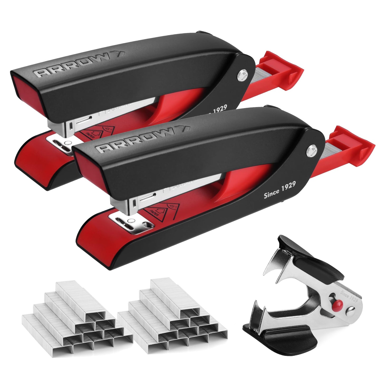Arrow Office Stapler Set, 25 Sheet Capacity Metal Desk Staplers with 2100 Staples and Staple Remover, Half Strip Design and Non-Slip Base, Spare Staple Storage for Classroom, Office and Home, 2 Pack