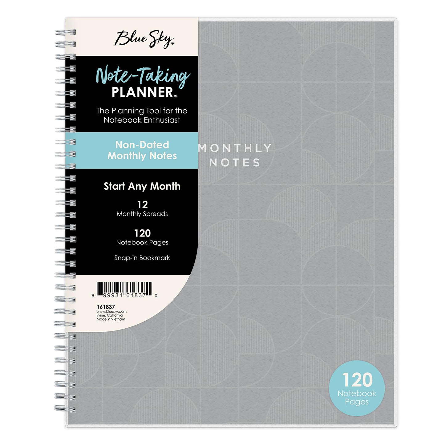 Blue Sky Note Taking Planner, Undated Planning Calendar, Monthly Layout, 8.5" x 11", Flexible Cover, With 120 Lined Notebook Pages, Durable Twin Wire Binding, Includes Snap In Bookmark, Zenra