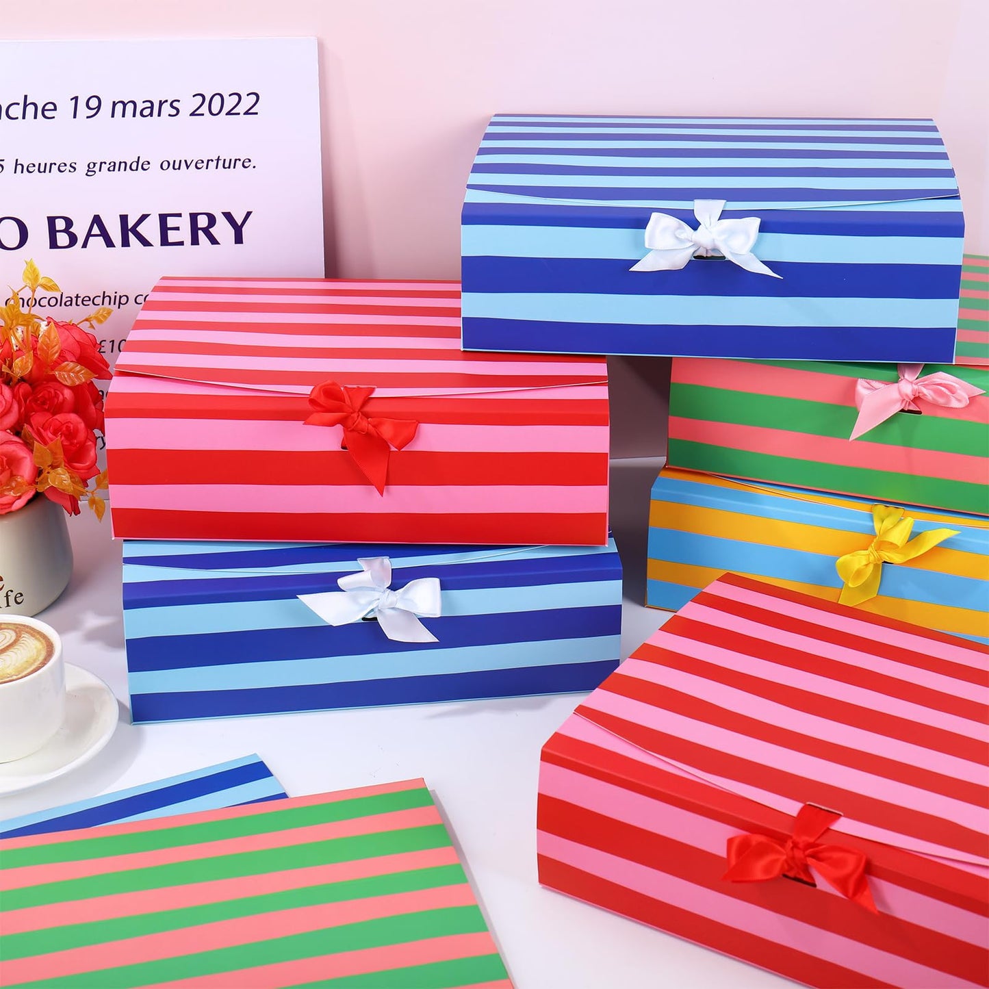 Whaline 16Pcs Stripe Treat Boxes with Lid & Ribbon Closure Colorful Summer Striped Gift Paper Box Empty for Cookies Candy Wedding Birthday Baby Shower Pool Party Favors