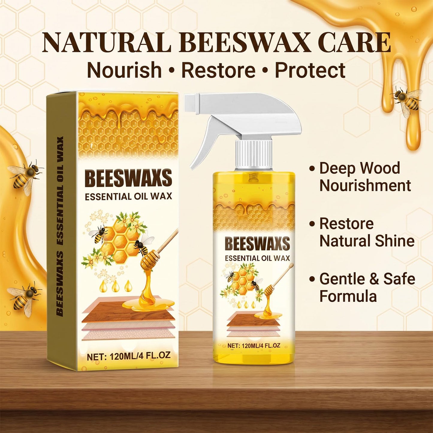 CIVGICY Beeswax Wood Polish, Beeswaxs Essential Oil Wax, Natural Micro-Molecularized Beeswax Spray, Multi-Purpose Furniture Wood Cleaner Repairing Care Spray, Restores Shine & Removes Scratches (1)