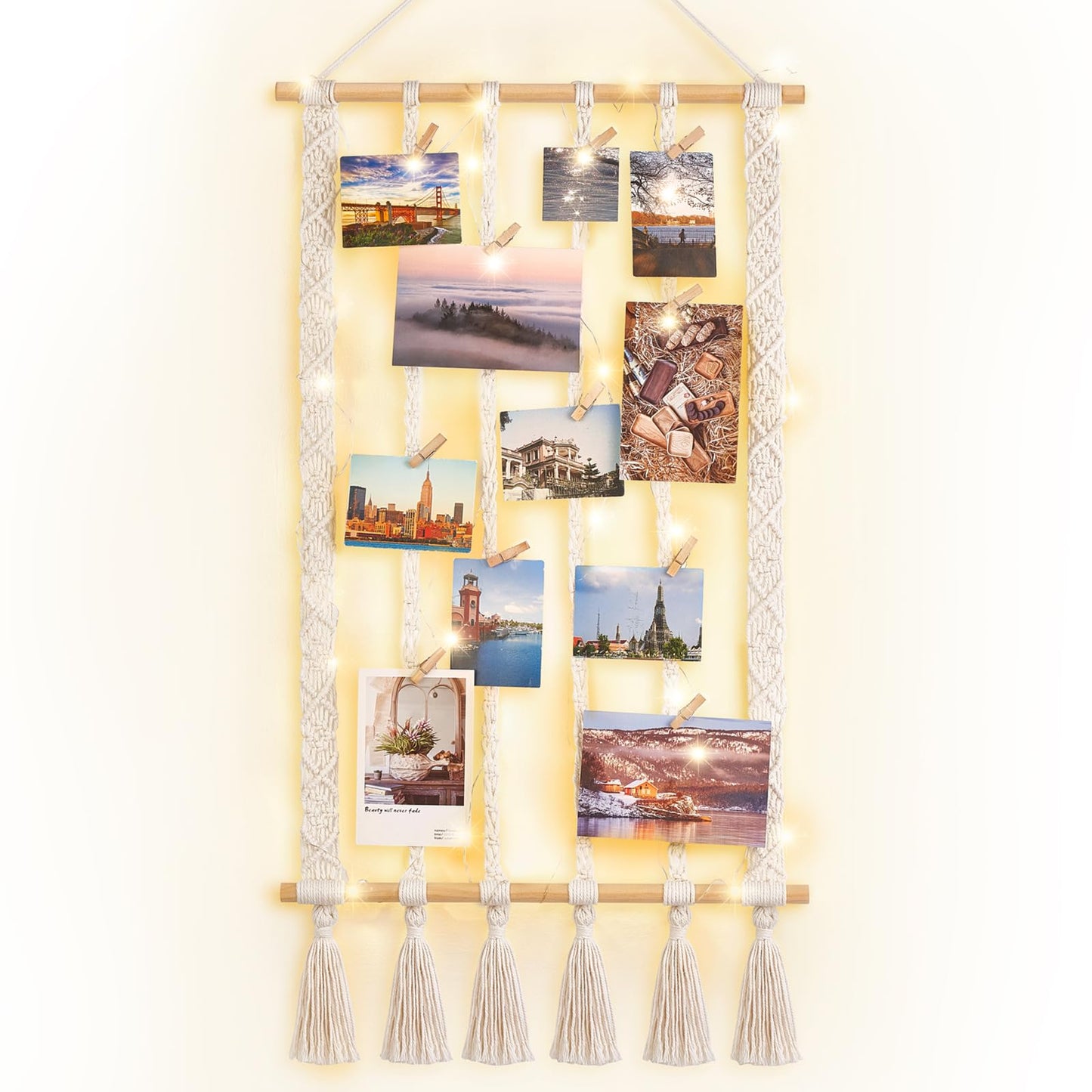 Dahey Macrame Hanging Photo Display Dorm Wall Decor Boho Picture Frames Collage for Picture String with Clips Photo Hanger with Lights Artwork for Teen Girl College Living Room Bedroom Christmas Gift