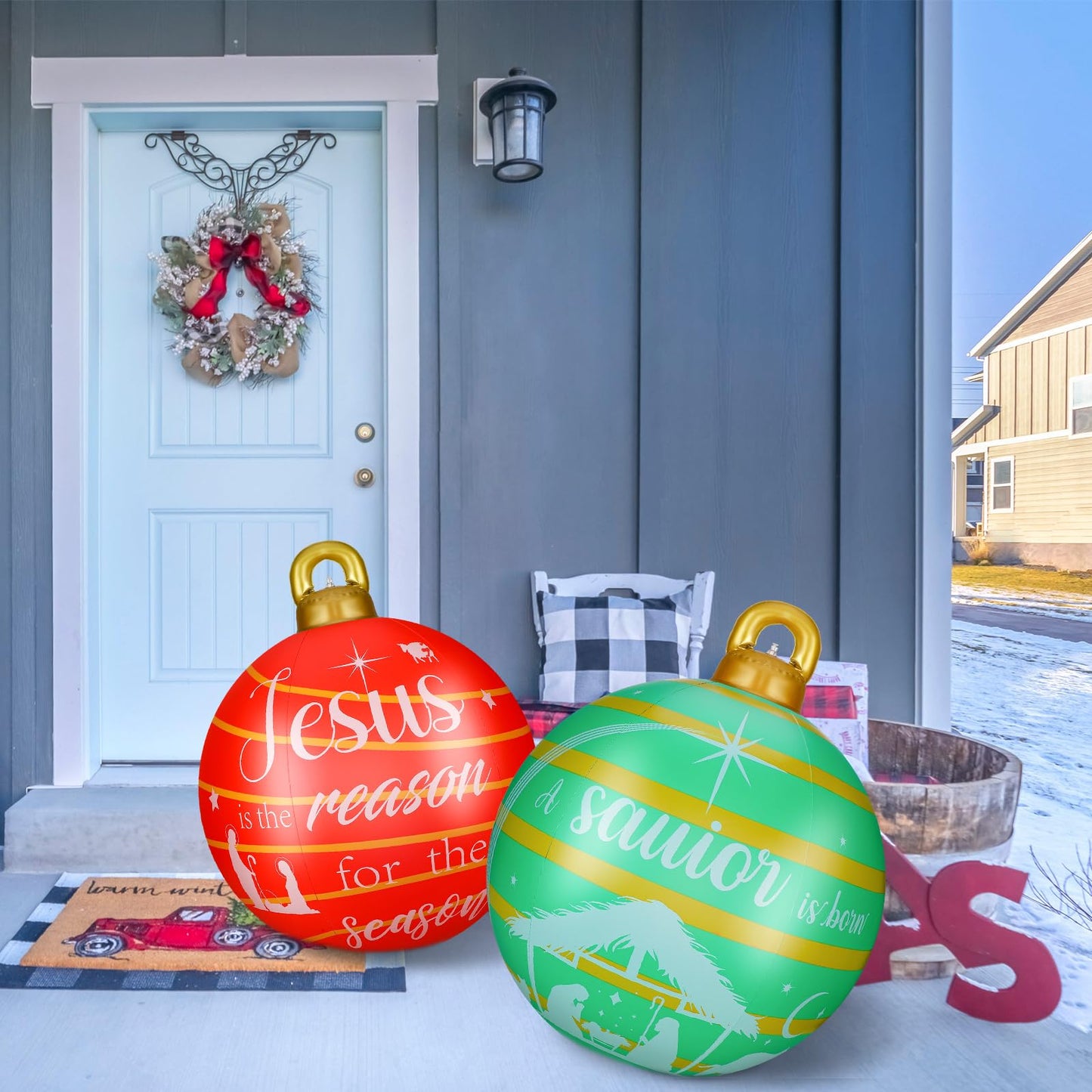 2 Pieces 32 Inch Giant PVC Inflatable Christmas Decorated Ball Ornaments Outdoor Large Xmas Blow Ball Decorations for Christmas Themed Party Ornaments(Cute,Green Red)
