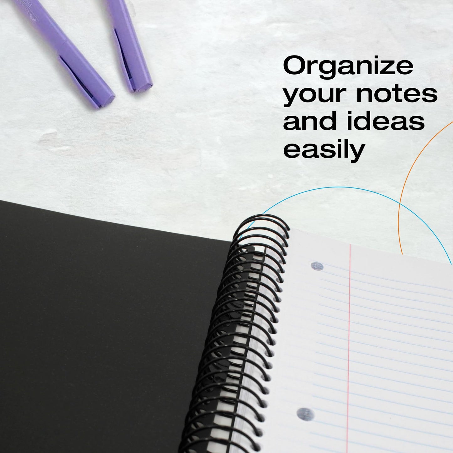 Confetti Spiral Notebook - Hole Punched - 4 Removable Dividers, Spill Proof Cover, Closing Elastic Band, Storage Pocket - Sturdy Bound Notepad, School & Office Supplies - 200 Sheets - Black