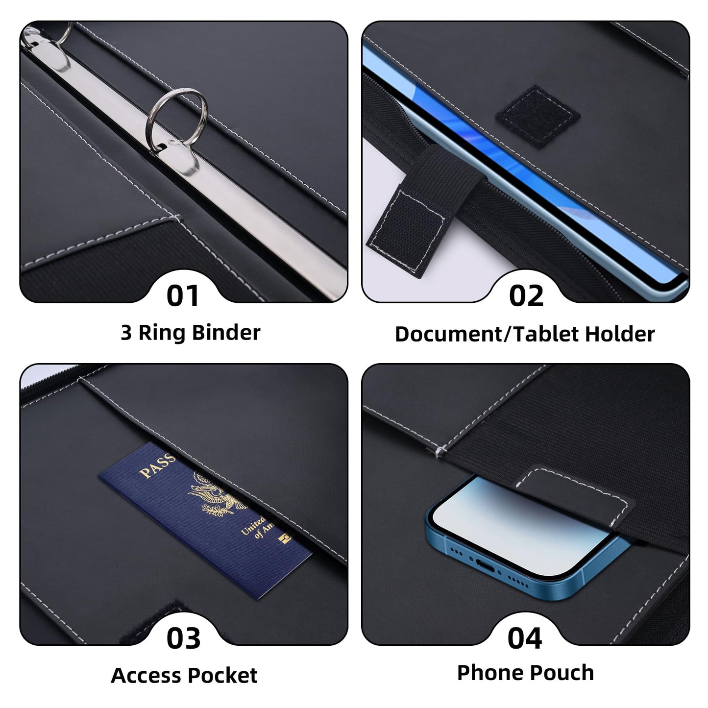 Antner Zipper Portfolio Binder Padfolio 3 Ring Binder 1 Inch Professional Faux Leather Document Organizer Folio for Tablet, Phone, and 8.5x11 Documents, Resumes, Presentation Folders for Men & Women