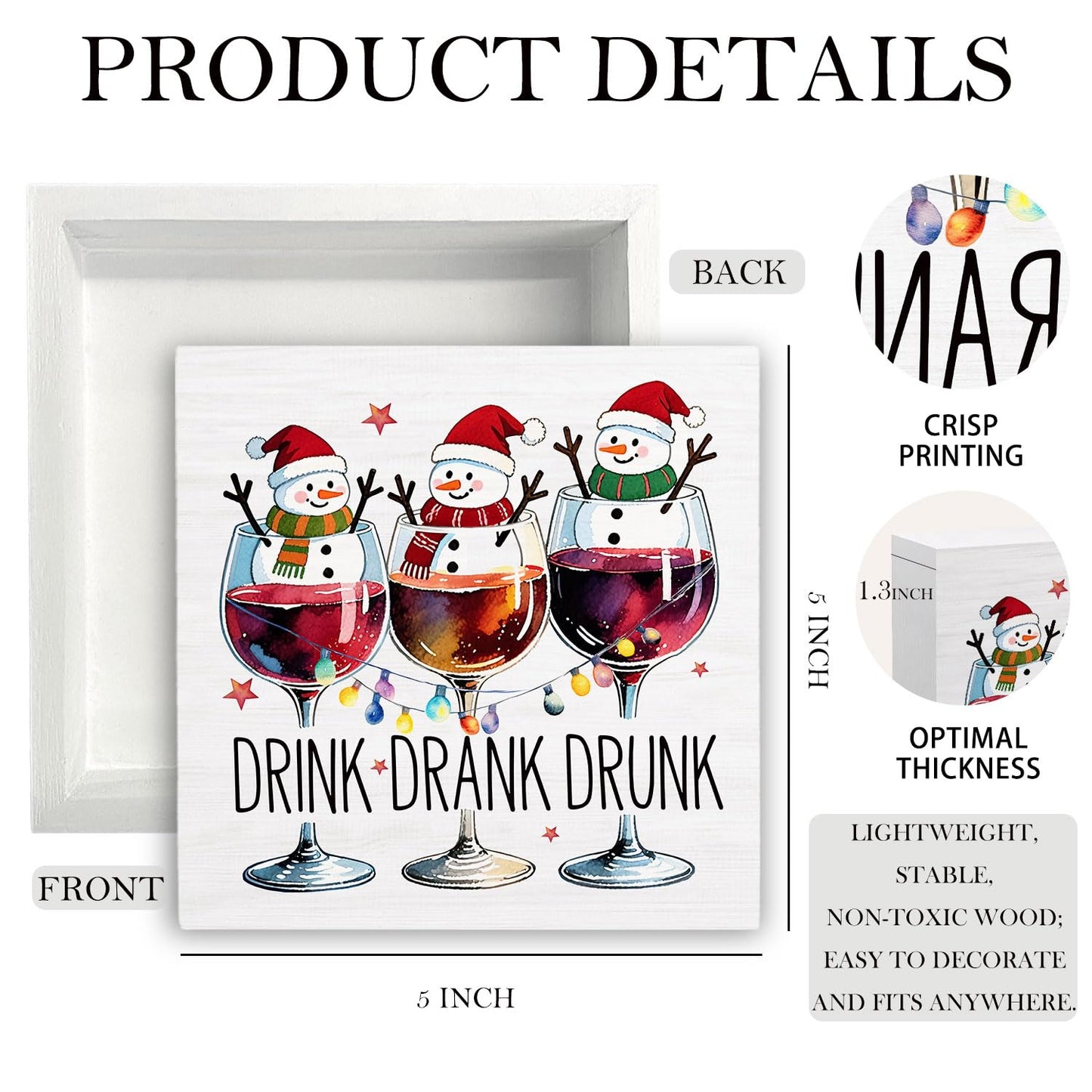 HYKDFMNCJ Christmas Snowman Wine Wooden Box Sign Desk Decor, Christmas Bar Decor, Drink Drank Drunk Winter Snowman Holiday Wood Signs for Home Bar Pub Desk Table Shelf Decorations, 5x5 Inch